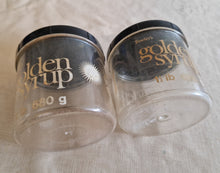 Load image into Gallery viewer, 2 x Fowler's Tate Lyle Golden Syrup Storage Container Jars with Black Lids 70s Advertising