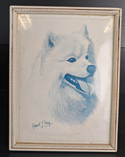 Load image into Gallery viewer, Vintage Robert J. May Framed Dog Print Samoyed Blue Toned Illustration