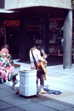 Load image into Gallery viewer, Vintage Kodachrome Slide Negative Street Performer, Lady Singer Playing Guitar