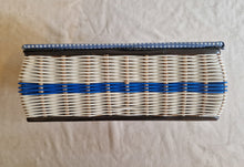 Load image into Gallery viewer, Vintage Blue White Wicker Sewing Box Basket With Handle Blue Satin Material Inside Wicker Sewing