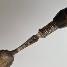 Load image into Gallery viewer, Antique EPNS Silver Plated Spoon with Horn Handle shallow bowl with scalloped shoulders 18cm long