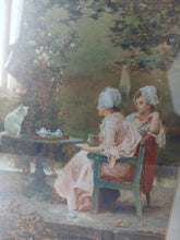 Load image into Gallery viewer, Framed Victorian Garden Print Ladies Tea Time Cat Wall Art 50 x 30cm