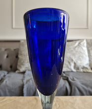 Load image into Gallery viewer, Handblown Tall art glass vase, bud vase, or tall blue flute, in cobalt or royal blue and tiny bubble