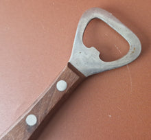 Load image into Gallery viewer, Vintage Bottle Opener Retro Wooden Handle 1970 , Bar ware Kitchenalia , Made In Japan, Stainle