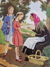 Load image into Gallery viewer, Vintage Illustrated Book Plate Page Colour Lithograph Print 2 School Girl Talking To A Old Woman & G