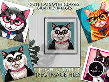 Load image into Gallery viewer, Cute Cat Wearing Glasses Artwork Graphics, Instant Digital Download, 4 High Quality Jpeg Images