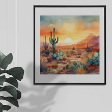 Load image into Gallery viewer, Watercolour art graphics images, A desert theme, featuring cacti, sand dunes & beautiful sunset Instant Digital Download, Quality jpeg Image