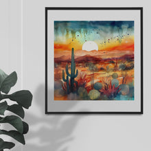 Load image into Gallery viewer, Watercolour art graphics images, A desert theme, featuring cacti, sand dunes & beautiful sunset Instant Digital Download, Quality jpeg Image