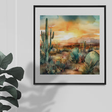 Load image into Gallery viewer, Watercolour art graphics images, A desert theme, featuring cacti, sand dunes & beautiful sunset Instant Digital Download, Quality jpeg Image