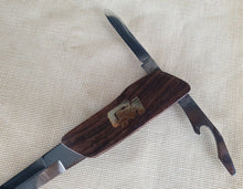 Load image into Gallery viewer, Vintage GM wooden handle letter opener with 2 extra attatchments , pocket knife and tin / bottle opener