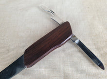 Load image into Gallery viewer, Vintage GM wooden handle letter opener with 2 extra attatchments , pocket knife and tin / bottle opener