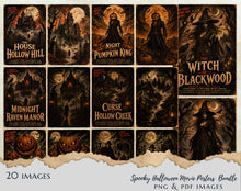 Load image into Gallery viewer, 20 Vintage Halloween Horror Movie Posters Bundle, Spooky Digital Download PNG