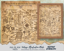 Load image into Gallery viewer, Household and Kitchen Kitchenalia Utensils Digital Image Illustrations A4 Size Poster 300 dpi jpeg & PDF format INSTANT DOWNLOAD