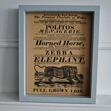 Load image into Gallery viewer, Vintage advertisement for Polito's Menagerie, a traveling exhibition of exotic animals picture frame, Genuine vintage book plate print