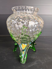 Load image into Gallery viewer, Vintage Clear & Green Glass Iridescent Footed Vase Textured Bubble Design 15.5cm High