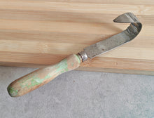 Load image into Gallery viewer, Vintage Cheese & Chocolate Curling Knife – Made in England – Rustic Wooden Handle with Green Patina