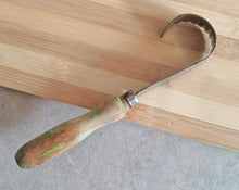 Load image into Gallery viewer, Vintage Cheese & Chocolate Curling Knife – Made in England – Rustic Wooden Handle with Green Patina