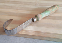 Load image into Gallery viewer, Vintage Cheese & Chocolate Curling Knife – Made in England – Rustic Wooden Handle with Green Patina