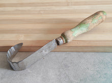 Load image into Gallery viewer, Vintage Cheese & Chocolate Curling Knife – Made in England – Rustic Wooden Handle with Green Patina