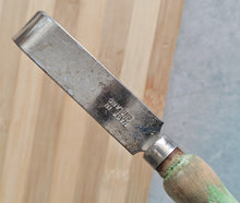 Load image into Gallery viewer, Vintage Cheese & Chocolate Curling Knife – Made in England – Rustic Wooden Handle with Green Patina