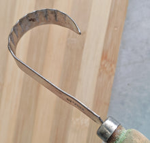 Load image into Gallery viewer, Vintage Cheese & Chocolate Curling Knife – Made in England – Rustic Wooden Handle with Green Patina