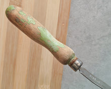 Load image into Gallery viewer, Vintage Cheese & Chocolate Curling Knife – Made in England – Rustic Wooden Handle with Green Patina
