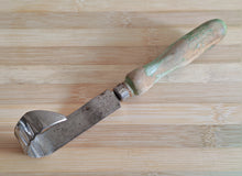 Load image into Gallery viewer, Vintage Cheese & Chocolate Curling Knife – Made in England – Rustic Wooden Handle with Green Patina