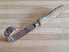 Load image into Gallery viewer, Vintage Cheese & Chocolate Curling Knife – Made in England – Rustic Wooden Handle with Green Patina