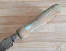 Load image into Gallery viewer, Vintage Cheese & Chocolate Curling Knife – Made in England – Rustic Wooden Handle with Green Patina