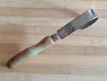 Load image into Gallery viewer, Vintage Cheese & Chocolate Curling Knife – Made in England – Rustic Wooden Handle with Green Patina