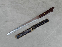 Load image into Gallery viewer, Vintage Friar Ham Slicer Knife with Original Sheath – Sheffield Steel – Wooden Handle – Sanders & Bowers Ltd