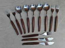 Load image into Gallery viewer, Vintage Wooden Handle Cutlery Set – 12 Piece Flatware – Mid-Century Rustic Tableware – Retro Dining Utensils – Stainless Steel & Wood