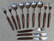 Load image into Gallery viewer, Vintage Wooden Handle Cutlery Set – 12 Piece Flatware – Mid-Century Rustic Tableware – Retro Dining Utensils – Stainless Steel & Wood