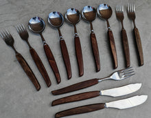 Load image into Gallery viewer, Vintage Wooden Handle Cutlery Set – 12 Piece Flatware – Mid-Century Rustic Tableware – Retro Dining Utensils – Stainless Steel & Wood