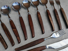 Load image into Gallery viewer, Vintage Wooden Handle Cutlery Set – 12 Piece Flatware – Mid-Century Rustic Tableware – Retro Dining Utensils – Stainless Steel & Wood