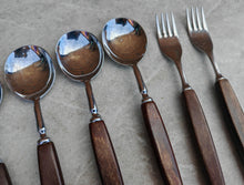 Load image into Gallery viewer, Vintage Wooden Handle Cutlery Set – 12 Piece Flatware – Mid-Century Rustic Tableware – Retro Dining Utensils – Stainless Steel & Wood
