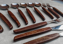 Load image into Gallery viewer, Vintage Wooden Handle Cutlery Set – 12 Piece Flatware – Mid-Century Rustic Tableware – Retro Dining Utensils – Stainless Steel & Wood