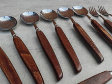Load image into Gallery viewer, Vintage Wooden Handle Cutlery Set – 12 Piece Flatware – Mid-Century Rustic Tableware – Retro Dining Utensils – Stainless Steel & Wood
