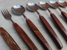 Load image into Gallery viewer, Vintage Wooden Handle Cutlery Set – 12 Piece Flatware – Mid-Century Rustic Tableware – Retro Dining Utensils – Stainless Steel & Wood