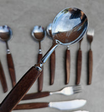 Load image into Gallery viewer, Vintage Wooden Handle Cutlery Set – 12 Piece Flatware – Mid-Century Rustic Tableware – Retro Dining Utensils – Stainless Steel & Wood