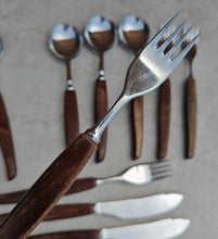 Load image into Gallery viewer, Vintage Wooden Handle Cutlery Set – 12 Piece Flatware – Mid-Century Rustic Tableware – Retro Dining Utensils – Stainless Steel & Wood