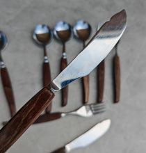 Load image into Gallery viewer, Vintage Wooden Handle Cutlery Set – 12 Piece Flatware – Mid-Century Rustic Tableware – Retro Dining Utensils – Stainless Steel & Wood