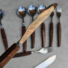 Load image into Gallery viewer, Vintage Wooden Handle Cutlery Set – 12 Piece Flatware – Mid-Century Rustic Tableware – Retro Dining Utensils – Stainless Steel & Wood