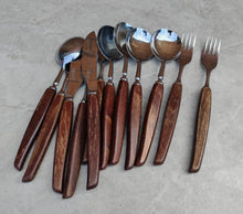 Load image into Gallery viewer, Vintage Wooden Handle Cutlery Set – 12 Piece Flatware – Mid-Century Rustic Tableware – Retro Dining Utensils – Stainless Steel & Wood