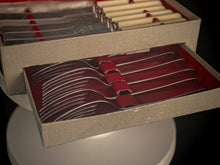 Load image into Gallery viewer, Vintage Montfort Sheffield Cutlery Set Stainless Steel Knives Forks Boxed Cream Handles