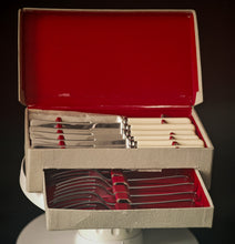Load image into Gallery viewer, Vintage Montfort Sheffield Cutlery Set Stainless Steel Knives Forks Boxed Cream Handles