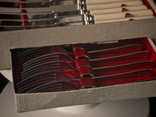 Load image into Gallery viewer, Vintage Montfort Sheffield Cutlery Set Stainless Steel Knives Forks Boxed Cream Handles