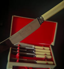 Load image into Gallery viewer, Vintage Montfort Sheffield Cutlery Set Stainless Steel Knives Forks Boxed Cream Handles