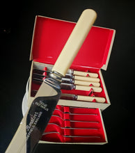 Load image into Gallery viewer, Vintage Montfort Sheffield Cutlery Set Stainless Steel Knives Forks Boxed Cream Handles
