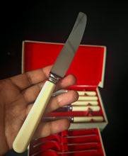 Load image into Gallery viewer, Vintage Montfort Sheffield Cutlery Set Stainless Steel Knives Forks Boxed Cream Handles